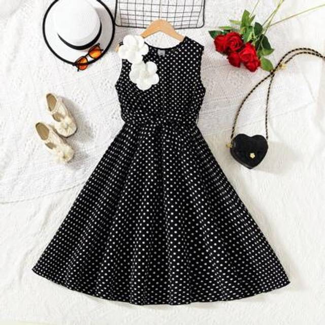 SHEIN Girls&#39; Casual Midi Dress With Black & White Classic Polka Dots And 3D Floral Decor, Sleeveless With Waist Belt, Suitable For Casual, Retro, Fashion St