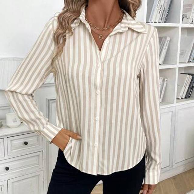 SHEIN Elegant Commuter Women&#39;s Khaki Striped Cardigan Shirt Work Blouse,Long Sleeve Tops