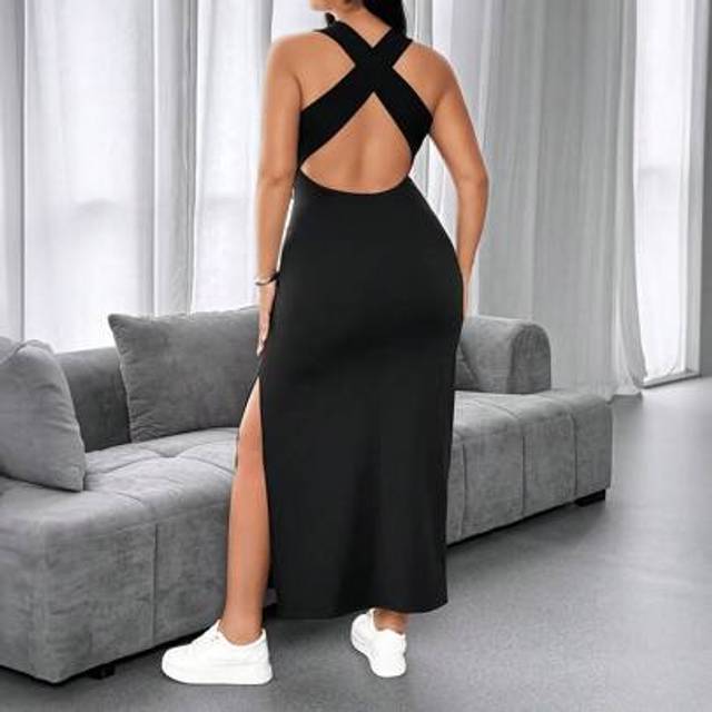 SHEIN Women&#39;s Solid Color Backless Cross Strap High Slit Long Bodycon Dress, Summer