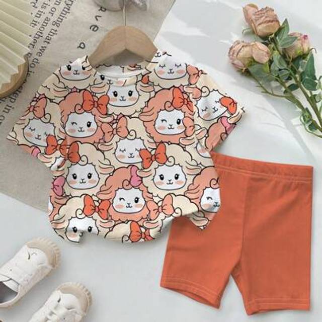 SHEIN Baby Girl Cute Cartoon Sheep Print Casual Round Neck Short Sleeve T-Shirt And Leggings Set, Suitable For Spring/Summer
