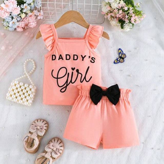 SHEIN 2pcs Baby/Baby Girl Cute Minimalist Letter Print Cap Sleeve Top And Butterfly Decor Shorts Set, Breathable For Summer