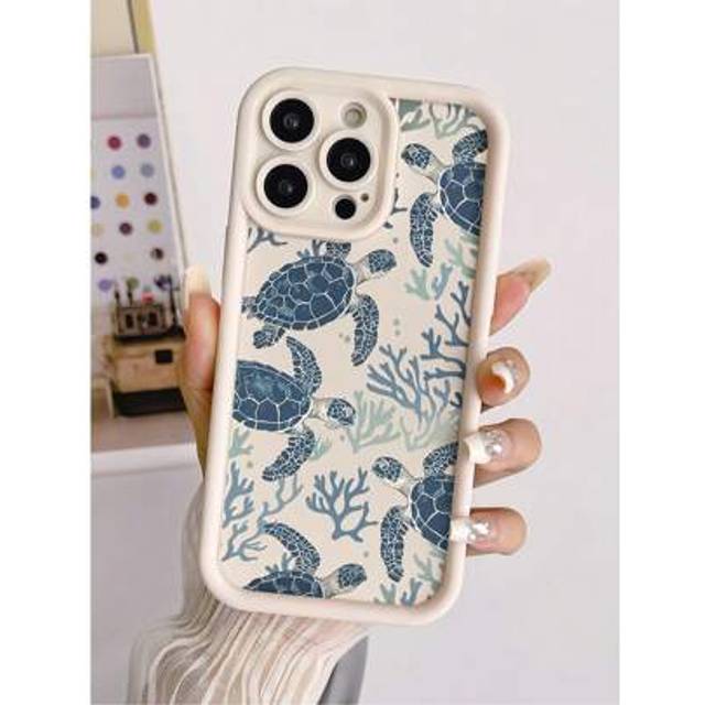 SHEIN 1pc White Hand-Painted Blue Sea Turtle Graphic TPU Anti-Drop Phone Case Compatible With IPhone Apple 16, 15, 14, 13, 12, 11 Pro Max