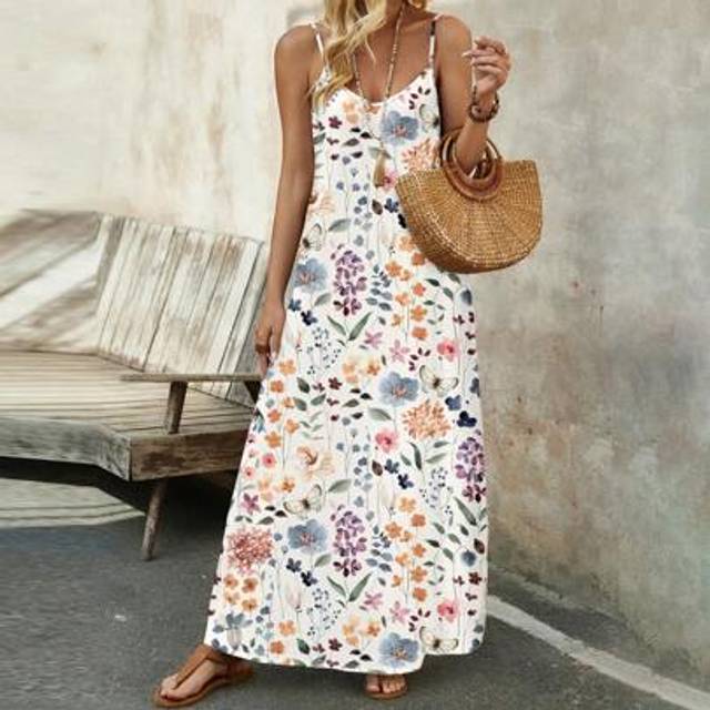SHEIN Women&#39;s Comfortable Stretchy Knit Fashion Casual Holiday Spaghetti Strap Long Dress, Suitable For Summer,Bohemian Clothes Vacation Dress