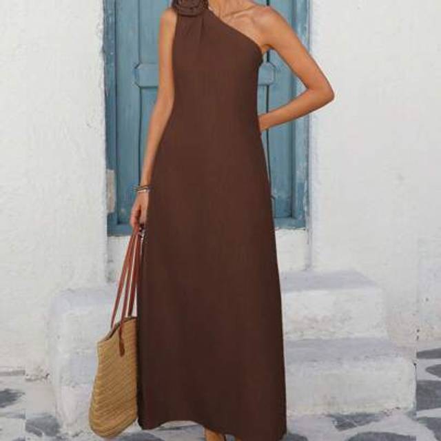 Breezaya Women&#39;s Elegant Loose Casual Vacation Office Linen Solid Color Asymmetric Shoulder Floral Decor Slit Hem Sleeveless Dress, Spring/Summer