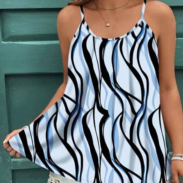 SHEIN Gentle Cream Blue Striped Print Casual Minimalist Elegant Plus Size Camisole And Tank Top, Suitable For Summer