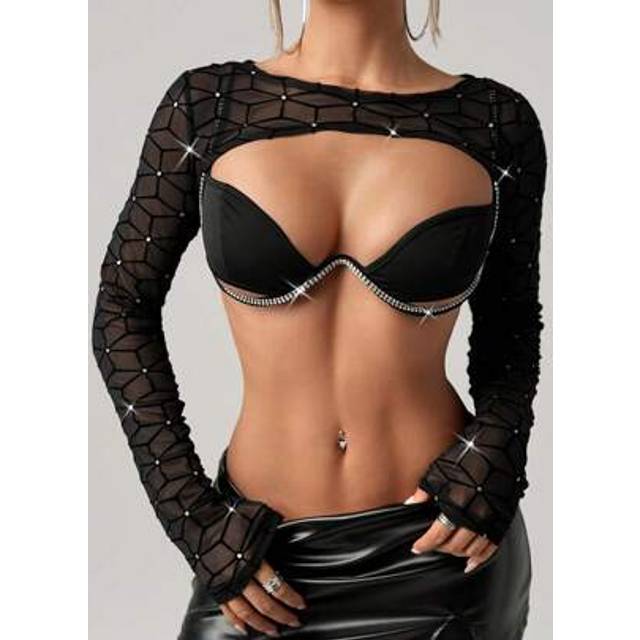 SHEIN Women&#39;s Rhinestone Decor Mesh Sheer Sexy Ultra Short Long Sleeve Top