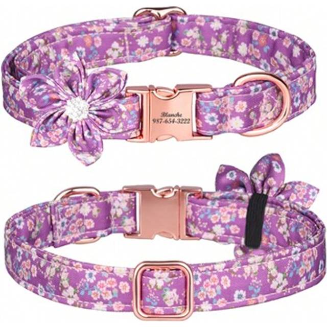 SHEIN 1pc Personalized Customized Purple Printed Rhinestone Six Petal Flower Dog Collar Pet Necklace, Polyester Printed Pet Collar, Can Customize Pet Name,