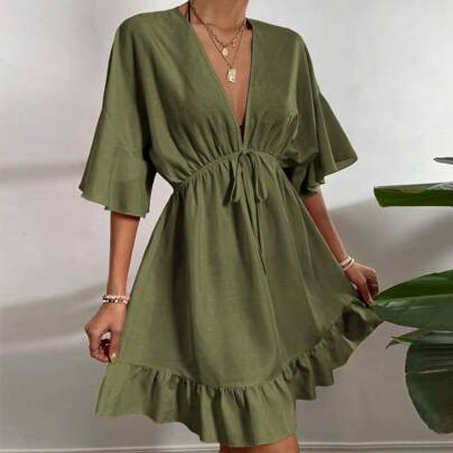 SHEIN Solid Tie Front Ruffle Hem Cover Up,Summer Beach