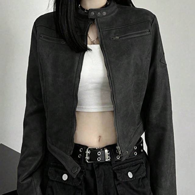 SHEIN Edgy Cropped Moto Jacket - Vintage Faux Suede, Minimalist Biker Style With Zip Pockets, Perfect For Streetwear Layering