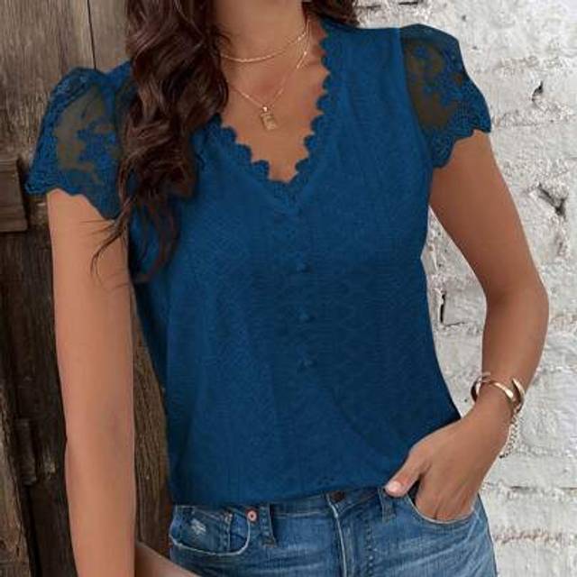 SHEIN Women&#39;s Lace Patchwork Short Sleeve Textured Fabric Summer T-Shirt
