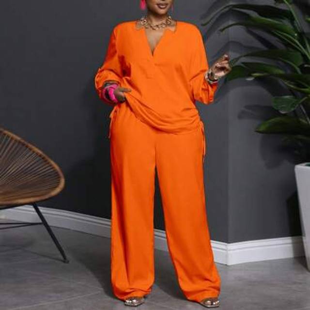 Slaydiva 2pcs Plus Size Casual Solid Color Notched Collar Long Sleeve & Pants Set, Western Wear For Women