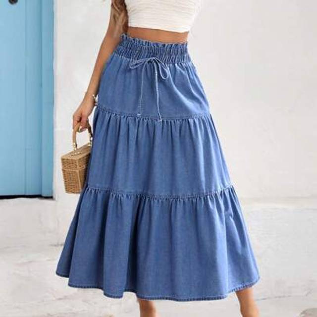 SHEIN Relaxed Elastic Waist Women&#39;s Long Denim Skirt, Blue