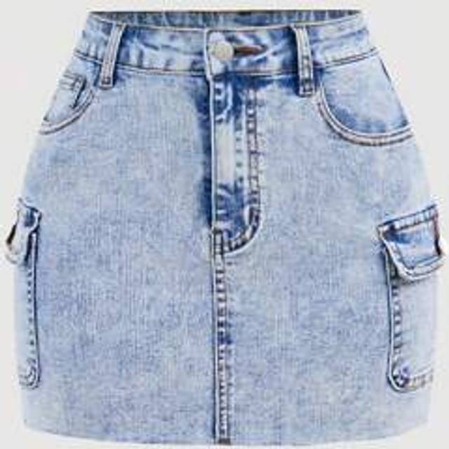 SHEIN Teen Girl Casual Washed Denim Cargo Mini Skirt