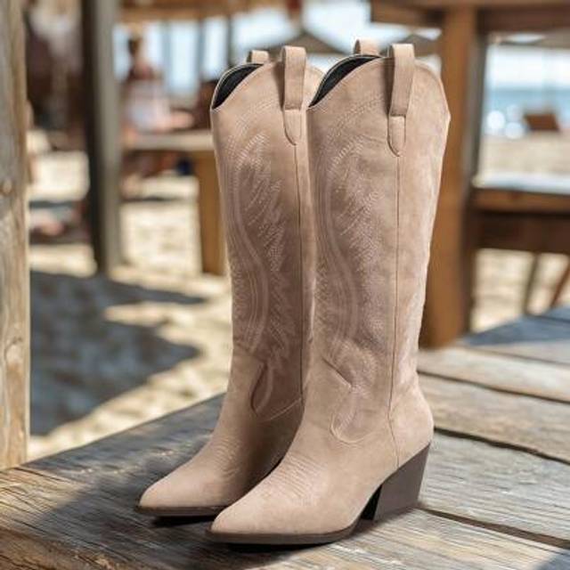 Tropiscape Suede Pointed Toe Embroidered Chunky Heel High Shaft Cowgirl Boots For Women, Fall/Winter Vacay Vibes Vacation Relax Beach
