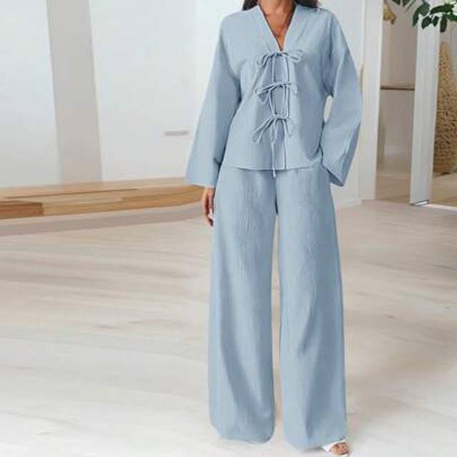 Firerie 2pcs/Set Women Casual Elegant Vacation Fashion Front Tie Loose Shirt And High Waist Elastic Loose Pants Set