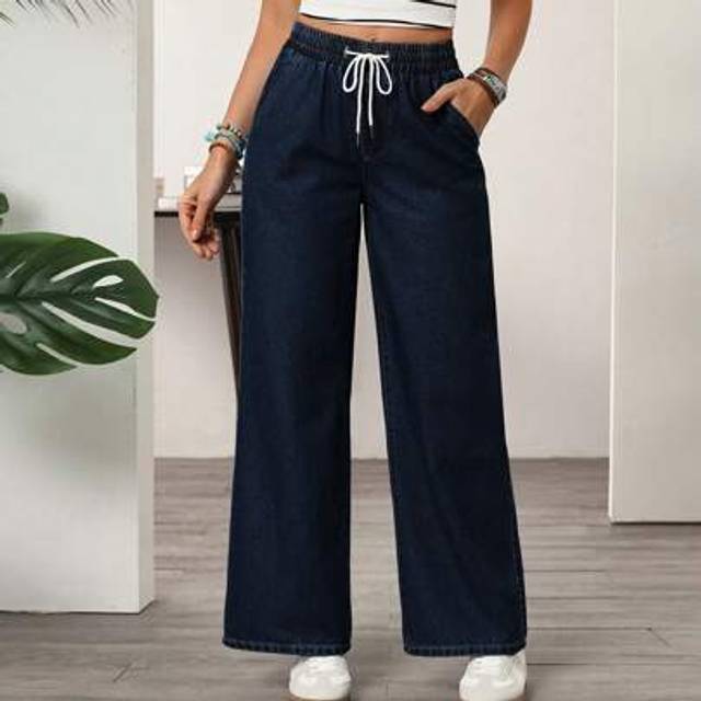 Luneh Women&#39;s Minimalist Solid Color Elastic Waist Tie-Up Straight Leg Jeans, Suitable For Everyday Wear