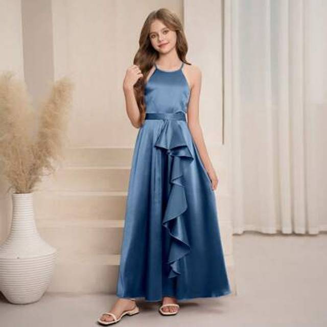 SHEIN Girls&#39; Elegant Spaghetti Strap Ruffle Hem A-Line Long Dress For Wedding, Valentine&#39;s Day, Performance, Party, Birthday, Suitable For Teens