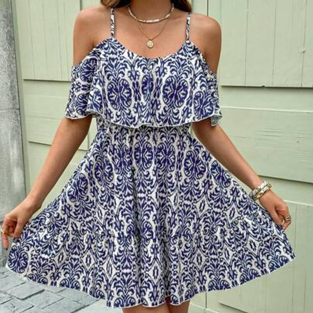 SHEIN Summer Elegant Blue And White Retro Print Women&#39;s Ruffled Sleeves With Waist Cinched A-Line Ruffle Hem Mini Short Dress