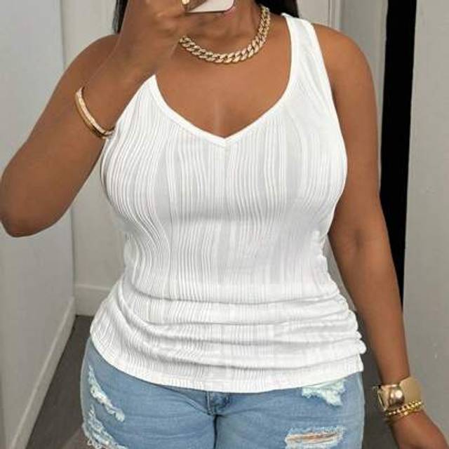 Slaydiva Plus Size Women Casual Basic Camisole, Deep V-Neck And Fine Ribbed Texture, White