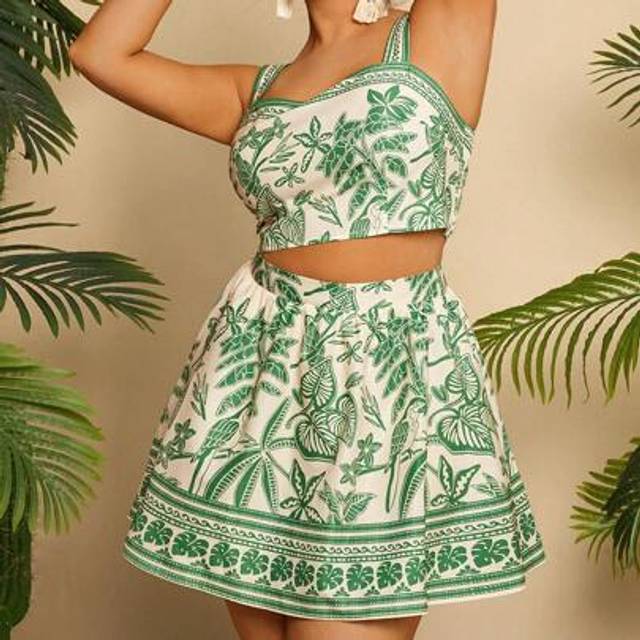 Travachic Bohemian Plus Size Casual Vacation Floral Print Camisole Top & Patchwork Short Skirt 2 Pieces Set, Spring/Summer Women Summer Clothing,Vacation Outfit