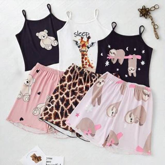 SHEIN 6-Pcs Girls Pajamas Set - Includes Camisole Tops And Shorts, Featuring Hugging Bear And Sloth Prints, Made Of Soft Stretchy And Breathable Knit Fabric