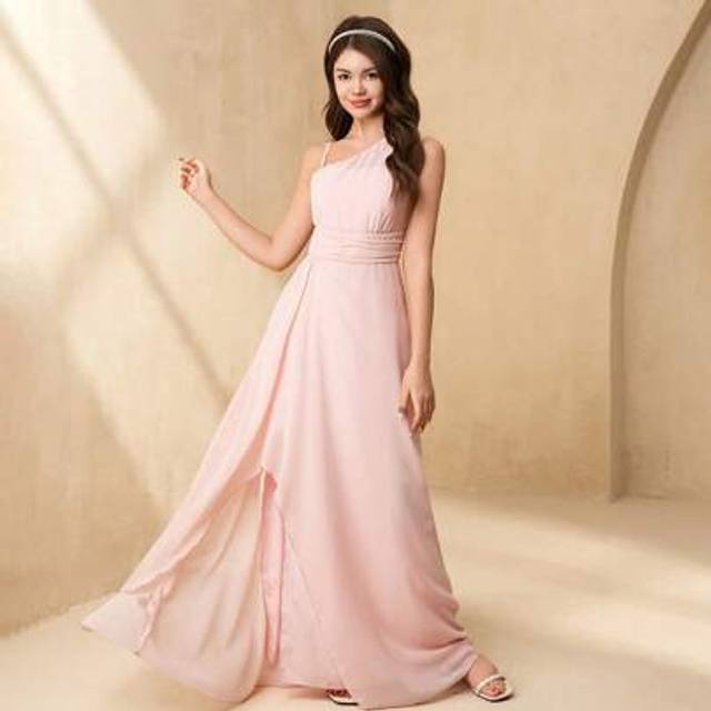 SHEIN Wedding Flower Teen Girl Elegant One Shoulder Flowy Chiffon A-Line Long Dress, Suitable For Formal Events, Performances, Birthday Parties