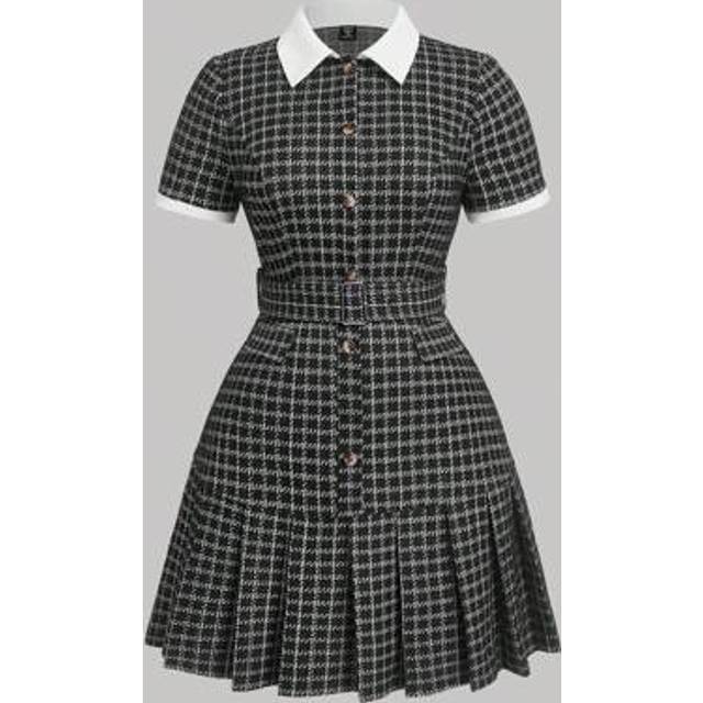 SHEIN Plus Size Women&#39;s Houndstooth Polo Collar Pleated Dress With Belt,Going Out,Work Office Outfits,Homecoming,Plaid Dress,New Year,Valentine Professional