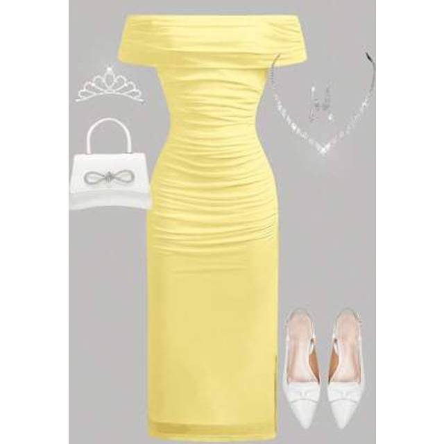 SHEIN TEENGIRL Yellow Elegant Off-Shoulder Pleated Mesh Snug Fit Dress,Party Dress