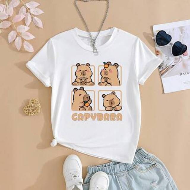 SHEIN Girls Cute Capybara Cartoon Print Round Neck Short Sleeve White T-Shirt Funny Graphic Tees Cute Tshirts