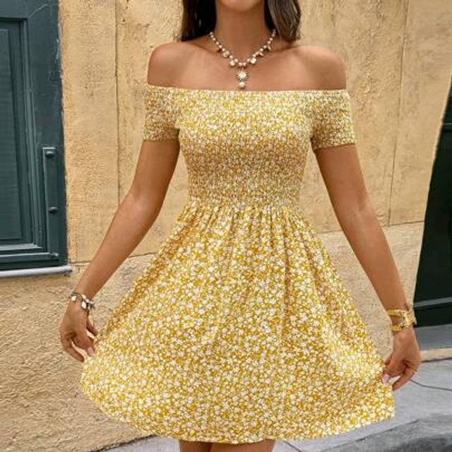 SHEIN Ditsy Floral Off-Shoulder Elegant Short Sleeve Dress Summer Dresses For Women,Butter Yellow Dress