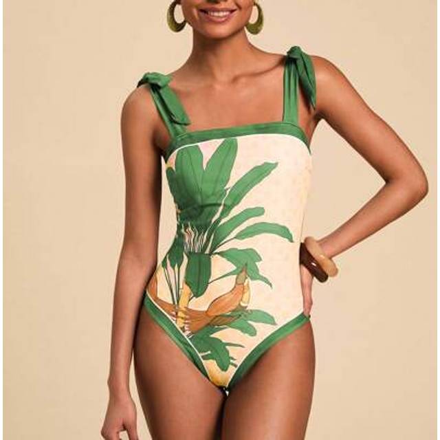 Travachic 1pc Tropical Print Tie-Front One-Piece Swimsuit, Suitable For Beach & Vacation