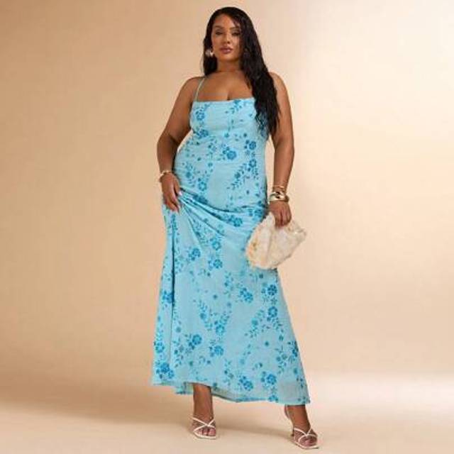 SHEIN Plus Size Women&#39;s Solid Blue Backless Tie Strap Studded Sequin Maxi Dress, Suitable For Beach, Vacation, Backless Dress, Summer Blue Dress, Music Fest