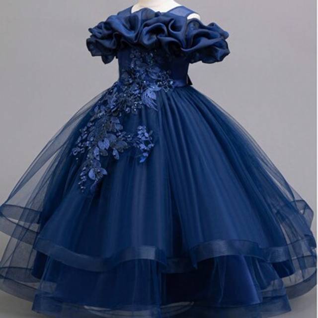 SHEIN Young Girl 3D Flower Mesh Panel Open Shoulder Formal Dress, Flower Girl Birthday Party Dance Recital Gown, Elegant Piano Recital Princess Dress