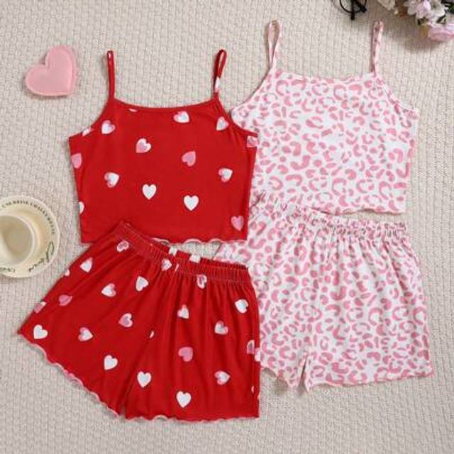 SHEIN 4pcs/Set Teen Girl Heart & Animal Print Camisole Top With Wave Hem & Shorts Casual Comfortable Fireproof Pajama Set, Suitable For Valentine&#39;s Day