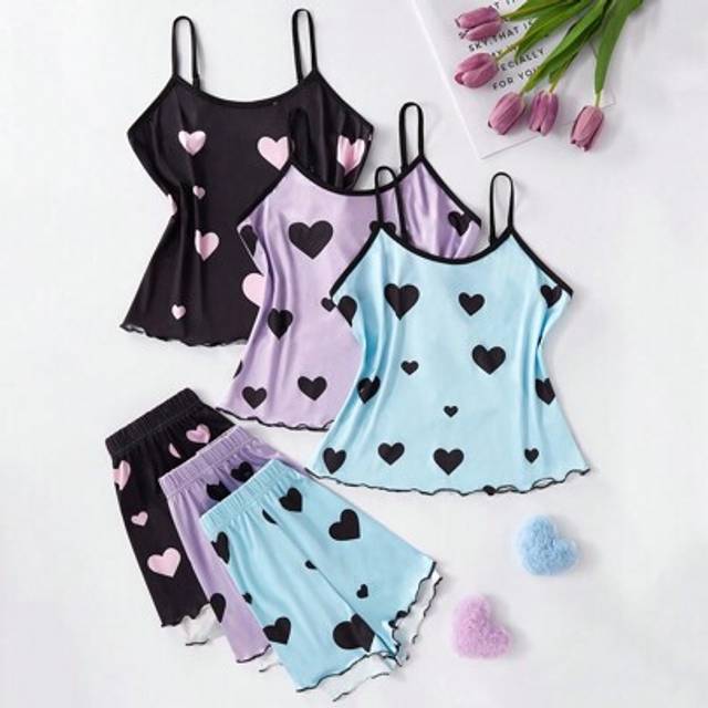 SHEIN 6pcs/Set Teenage Girls Heart Print Camisole And Shorts Sleepwear Set, Casual Wear, Suitable For All Seasons