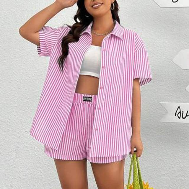 SHEIN Plus Size Valentine&#39;s Day,Woven Pink & White Striped Casual Women&#39;s Shirt And Shorts Set, For Summer