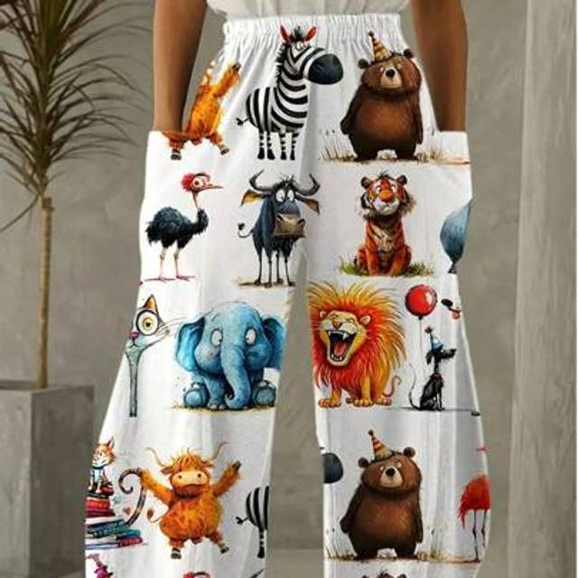 SHEIN Plus Size Women Cartoon Cat Pocket Elastic Waist Loose Wide Leg Casual Long Pants