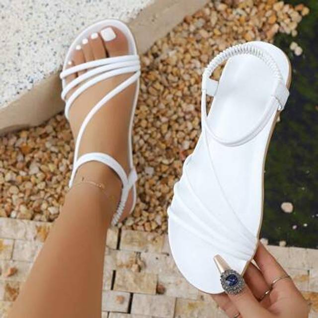 SHEIN 2024 Women&#39;s Summer New Elegant & Comfortable Striped Casual Flat Sandals, Black, Plus Size