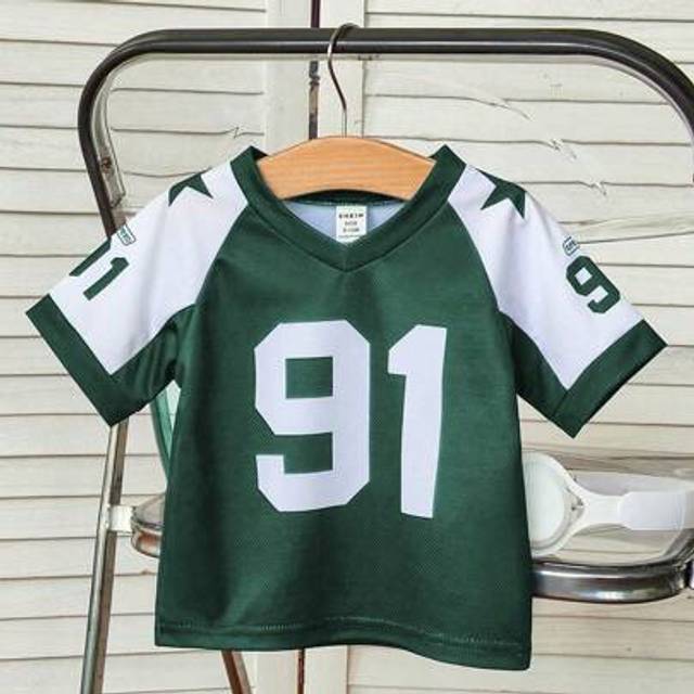 SHEIN Baby Boy Vintage Loose Sports Style V-Neck Number 91 Print Patchwork Short Sleeve T-Shirt, Soft & Comfortable, Fashion Sporty Casual Style Suitable Fo