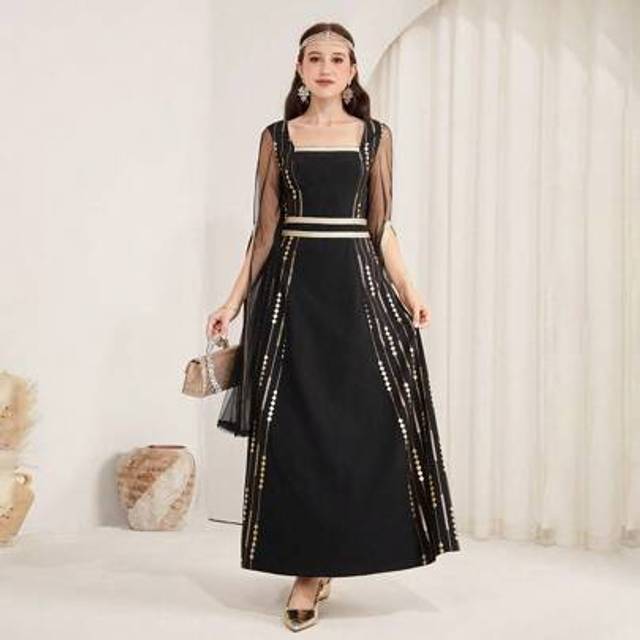 SHEIN Teen Girl Black & Gold Color Block Splicing Metallic Fabric Gold Webbing Waist Band Ruched Waist Extra Long Sleeve Slit Luxury Dress, Elegant Dress Fo