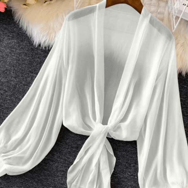 SHEIN Women&#39;s Summer Lightweight Lantern Sleeve Tie Front Kimono Cardigan