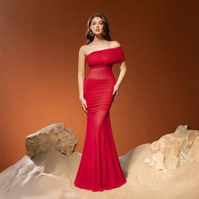 SHEIN Elegant Strapless Evening Formal Dress With Translucent Tulle & Asymmetrical Waist, Dress For Red Carpet Events, Wedding Guest, Evening Banquets, Part