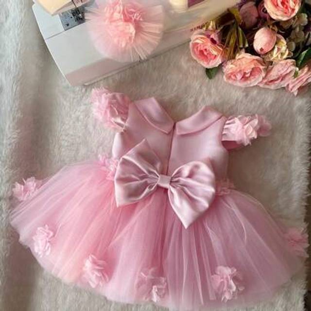 SHEIN Baby Girls Floral 3D Bow Pink Dress, Elegant Princess Dress Suitable For Baby&#39;s 1st Birthday, Wedding, Banquet, Party, Special Occasion, Holiday Celeb
