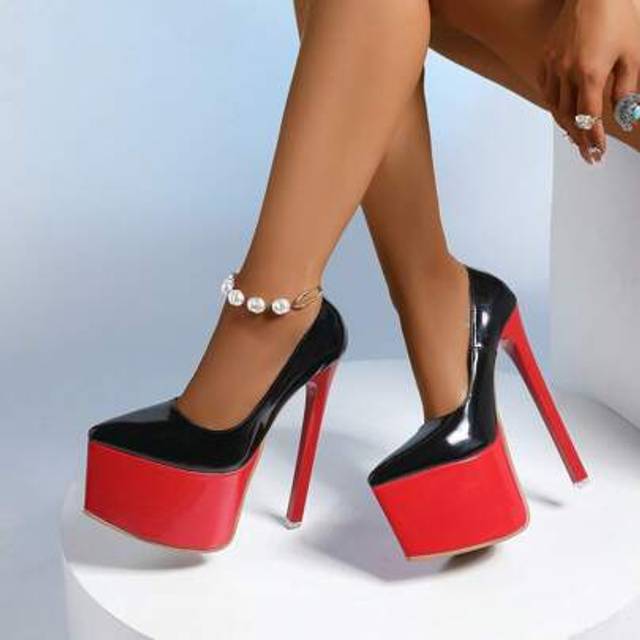 SHEIN Women&#39;s Black & Red Two-Tone Fashionable Sexy Solid Color Minimalist Style Super High Heel Waterproof Platform Slip-On Pumps, Pointed Toe PU Glitter V