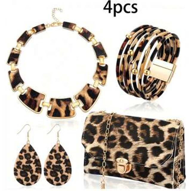 SHEIN 4pcs Leopard Print Jewelry Set For Women - Alloy Earrings, Bracelet, Necklace With Tassel Pendant, And Clutch Purse - Sexy Street Style Accessories Fo