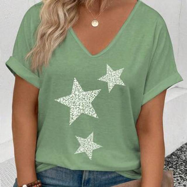 SHEIN Women Plus Size V-Neck Flare Cuff Casual Star Print T-Shirt, Versatile