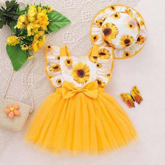 SHEIN 2pcs/Set Infant/Toddler Girls Sunflower Print Gauze Dress With Ruffle Hem & Cap Hat, Adorable Summer Outfits