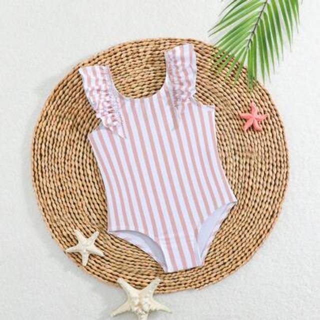 SHEIN Baby Girls Casual Striped Ruffle One-Piece Swimsuit, Bathing Suits For Toddlers