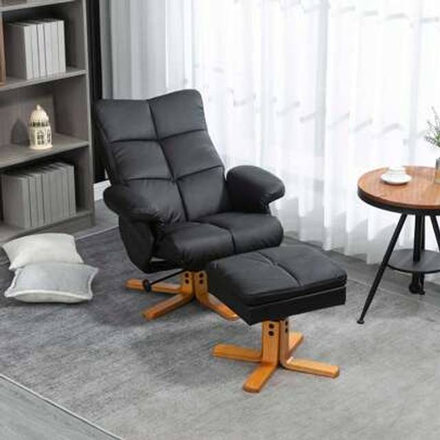 SHEIN HOMCOM Recliner Armchair, Swivel Reclining Chair With Ottoman, Swivel Faux Leather Chair With Wooden Base And Storage Footstool For Living Room