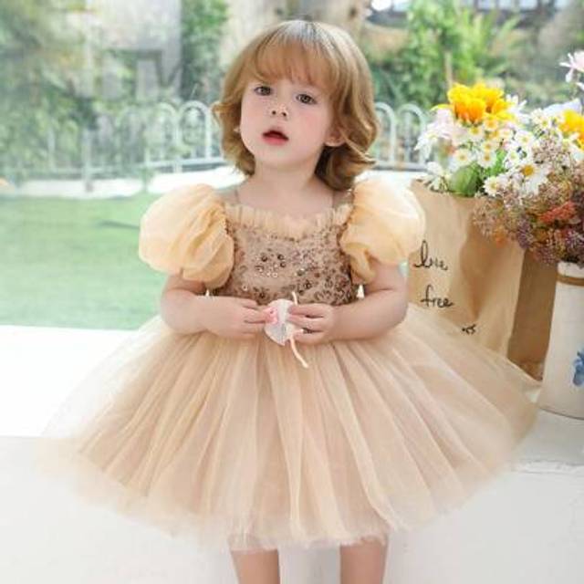 SHEIN Champagne Puff Sleeve Sequin Mesh Elegant Princess Dress For Baby Girls, Suitable For 1st Birthday, Wedding, Party, Special Occasion And Holiday Celeb